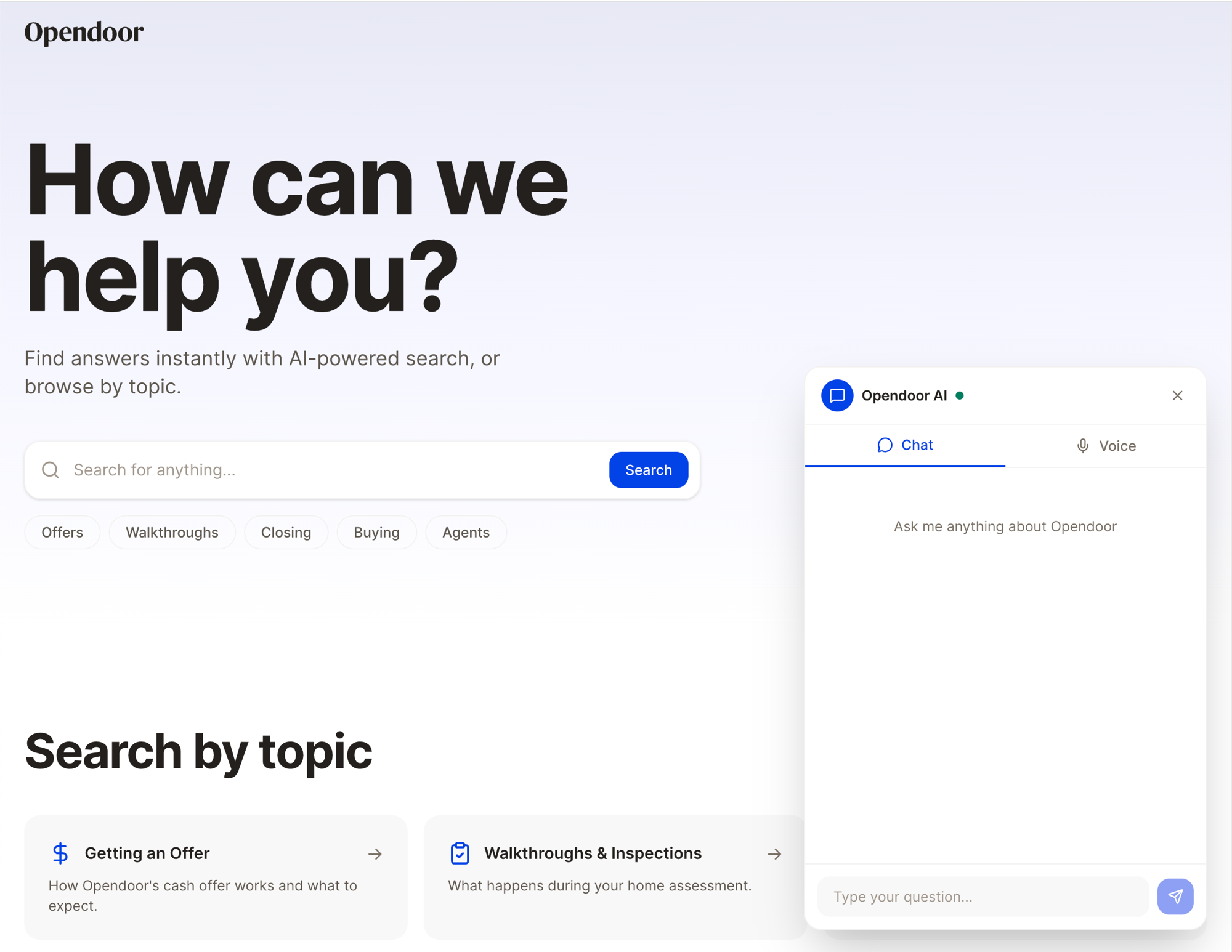 Opendoor Help Center — search and AI assistant
